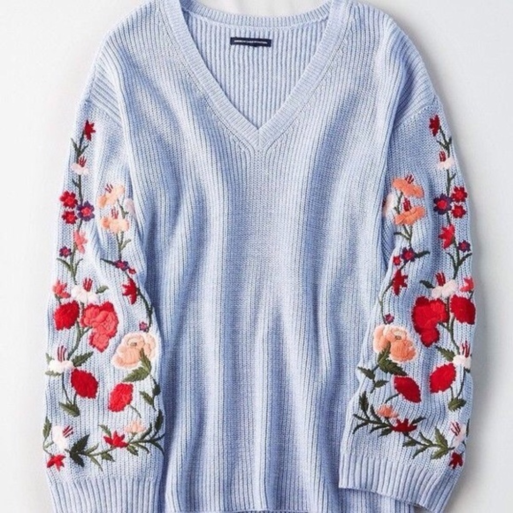 Blue Sweater with Embroidered Flower Bell Sleeves